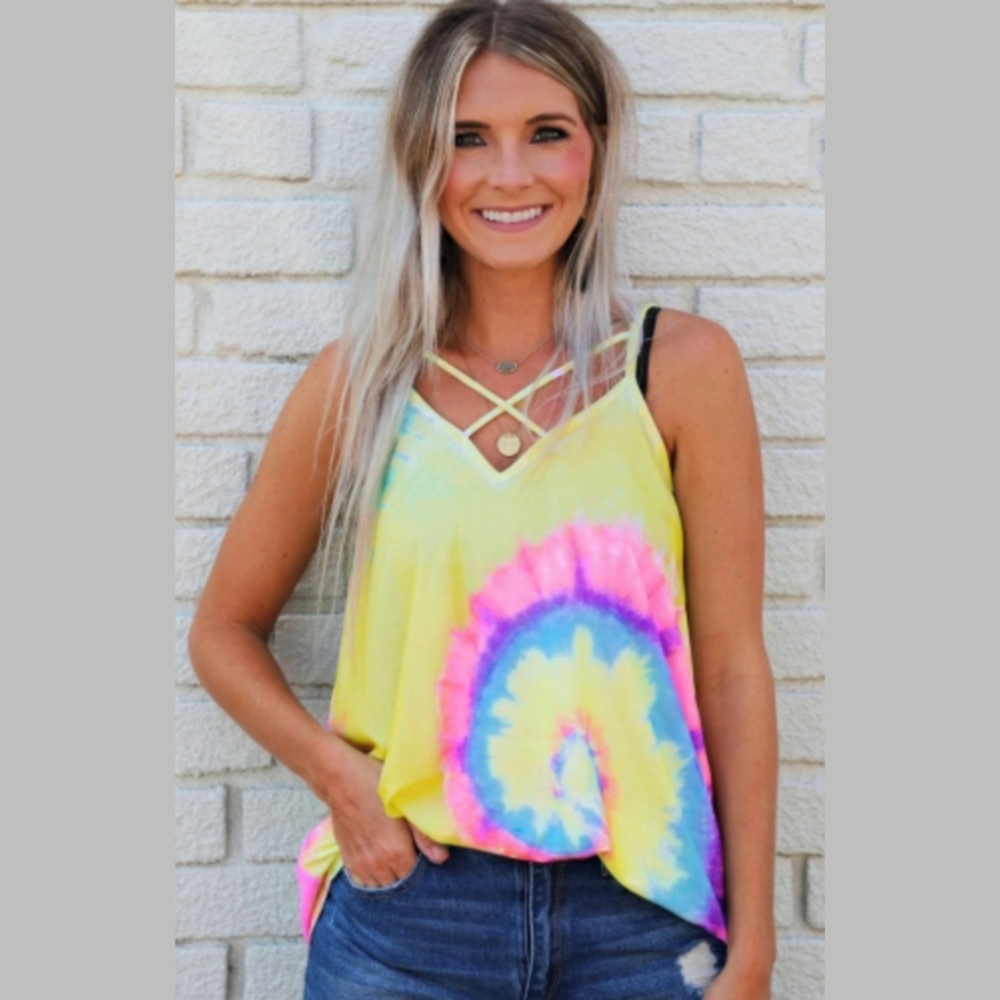 Tie-Dye Strappy Front Yellow Tank Top